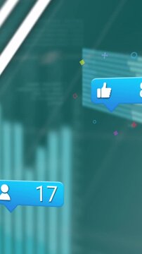 Animation of social media icons and statistical data processing against blue background