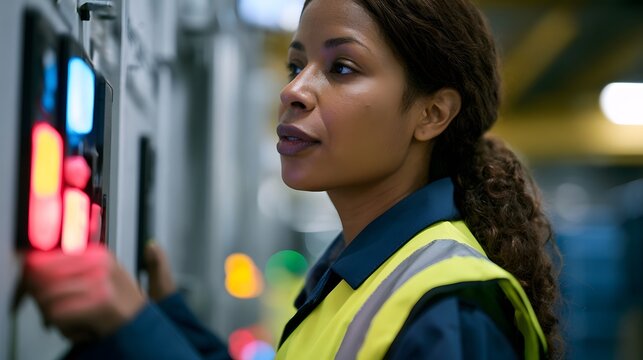 A focused worker in a high visibility vest interacts with a control panel featuring illuminated buttons in a factory or warehouse setting