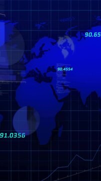 Animation of financial data processing over world map on dark background