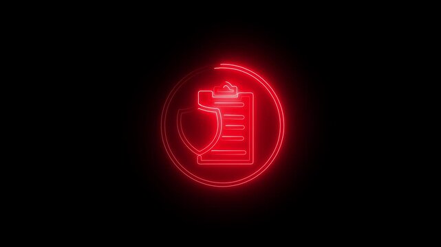 Red neon policy agreement icon shines within a circular frame against a dark background, conveying terms of service, secure contracts, and digital rights management for corporate websites.