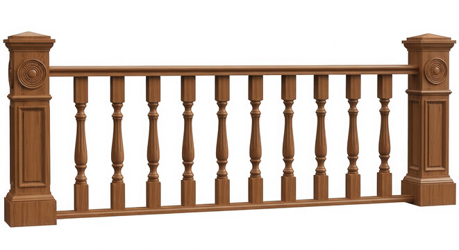 Classic brown wooden stair railing with decorative carved posts isolated on transparent background