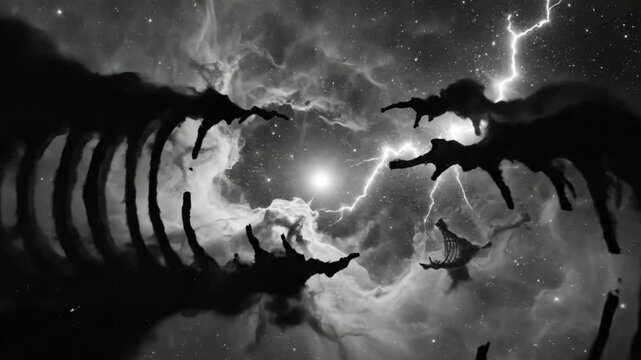 Surreal black and white cosmic composition of a nebulae and celestial skeleton with bolts of lightning