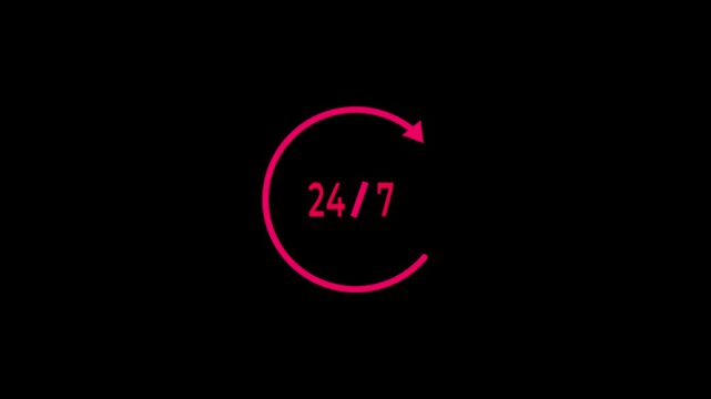 24 hours 7 days clock timer icon animation,All time service with on a teal background 4k video animation,