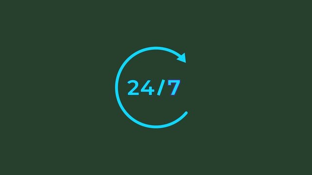 24 hours 7 days clock timer icon animation,All time service with on a teal background 4k video animation,