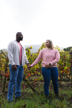 African American couple holding hands in vineyard, woman wearing pink sweater and smartwatch