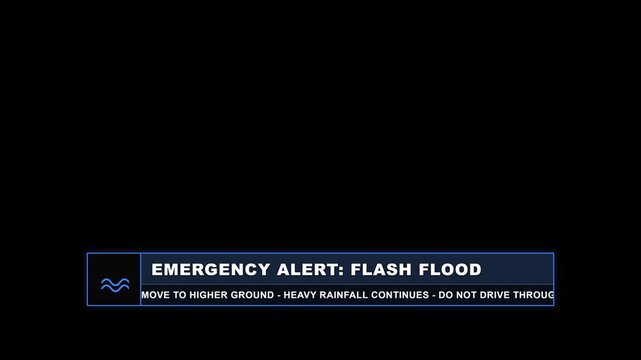 Digital Emergency Notification Banner Displaying Flash Flood Warning Instructions for Public Safety during Severe Weather Events