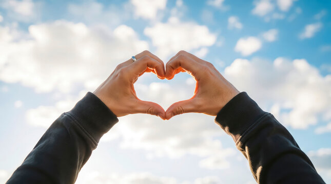 Hands forming heart shape against blue sky with white clouds.