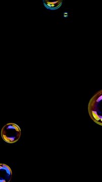 Iridescent Soap Bubbles Floating on Black Background. Colorful reflective bubbles drift randomly across deep black with vivid rainbow highlights.