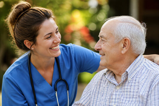A smiling female healthcare professional in blue scrubs talks warmly with an elderly man outdoors.