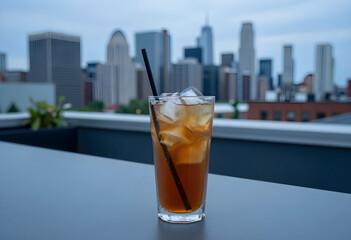 Naklejka premium Urban lifestyle and city leisure, iced tea in a glass on a rooftop terrace with a blurred metropolitan skyline background during a summer evening