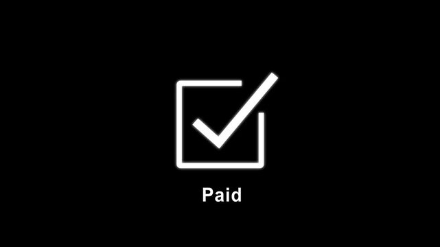 Minimalist white paid status with animated checkmark symbol on a solid black background, for digital interface, e-commerce checkout confirmation, and financial transaction ui