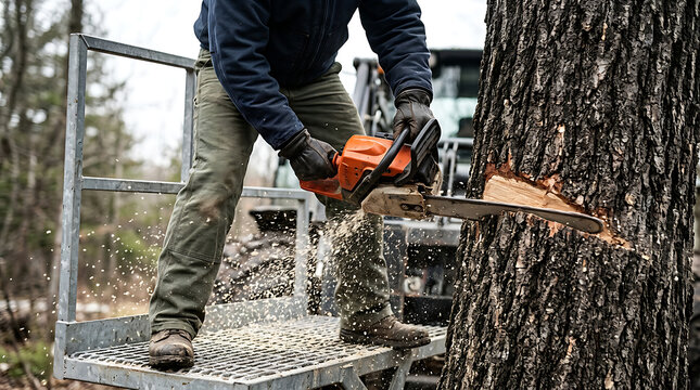 Lumberjack using a professional chainsaw to cut down a large tree in the woods
