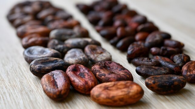 Rows of roasted cocoa beans arranged on a wooden surface  showcasing varied shades and textures for culinary or artisanal use