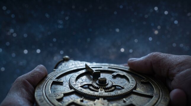 Person holding ancient navigational astrolabe against starry sky