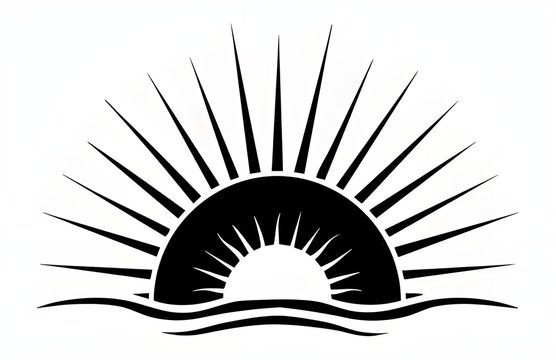 Clean black silhouette illustration of a rising sun with layered rays above gentle waves on a plain white background.