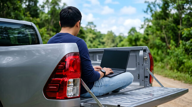Young man working on laptop while sitting on pickup truck tailgate in countryside
