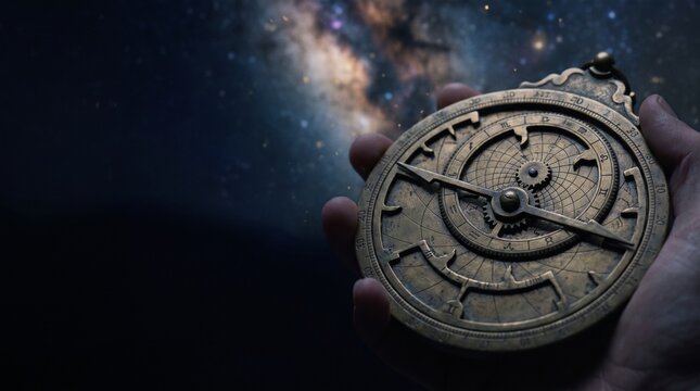 Hand holding antique astrolabe against starry night sky background