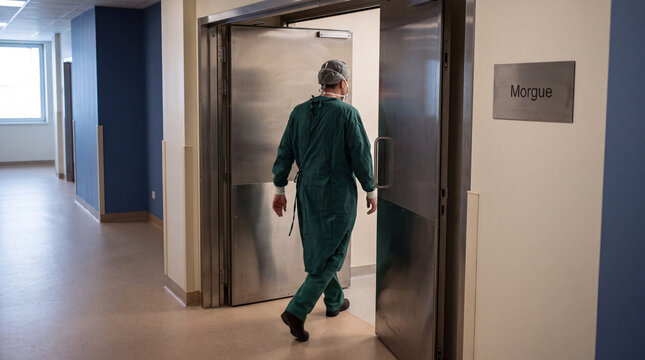 A pathologist in green scrubs walks through stainless steel doors into the hospital morgue for an autopsy on a deceased patient. Concept of death, forensic pathology, and corpse identification.