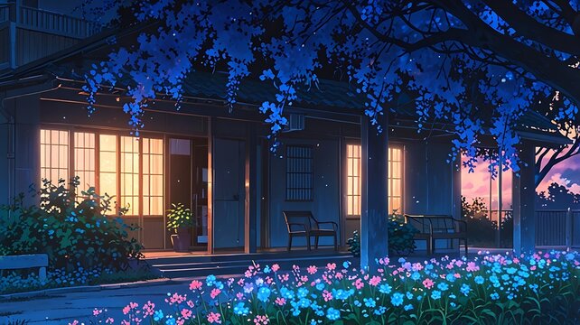 Dreamlike home with glowing flowers, traditional shape, anime rendering