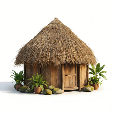 Traditional Papuan Honai house with round conical thatched roof, isolated on white background