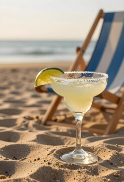 Vacation and summer travel, margarita cocktail with lime on sandy beach with deck chair at sunset for tropical holiday relaxation and leisure lifestyle