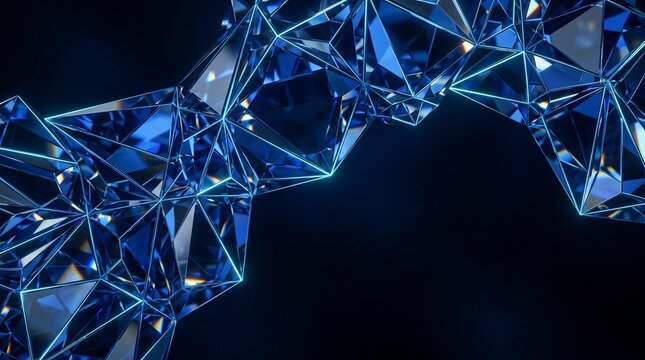 Abstract geometric crystal structure with blue facets and glowing edges