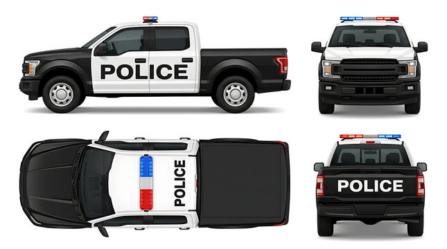Police pickup truck vector illustration set with multiple angles and views