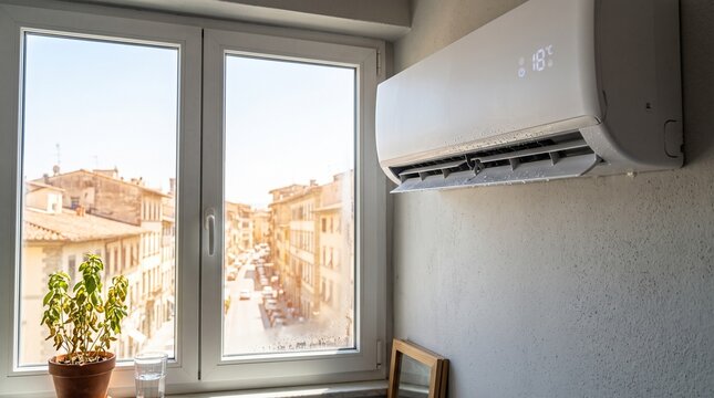 Modern air conditioner unit mounted on a bright apartment wall next to a sunny window overlooking city street