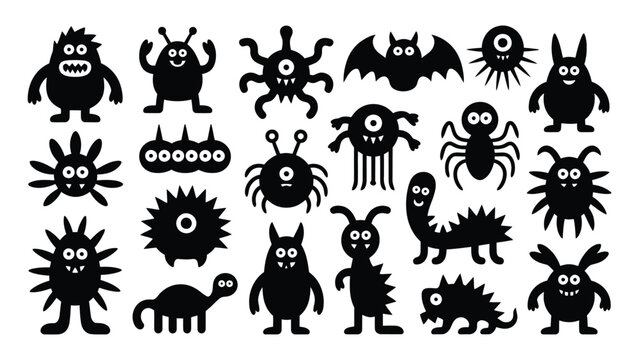 Black cartoon monsters and aliens collection set on white background