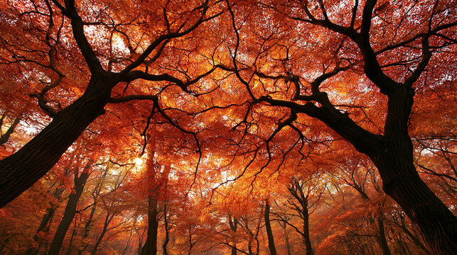 Autumn forest canopy with vibrant red foliage and dark tree silhouet.X