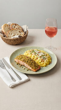 Sophisticated dish of pistachio-crusted salmon and saffron risotto, accompanied by a glass of ros&eacute; wine and artisan breads.