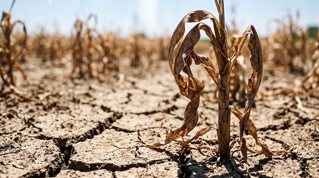 Withered Corn Plants in a Cracked Dry Field Symbolizing Severe Drought and Agricultural Crisis