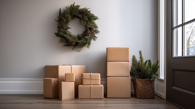 stacked cardboard delivery boxes in home hallway decorated with christmas wreath