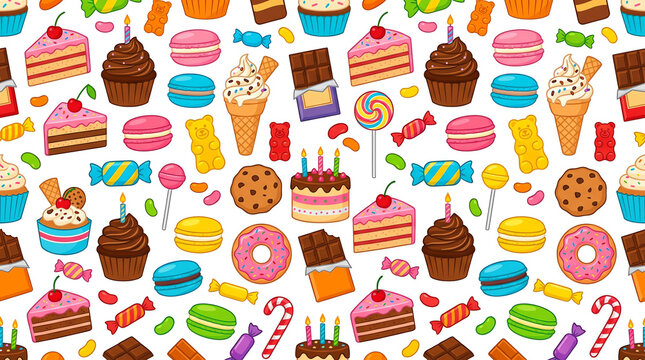 Seamless pattern with colorful sweet treats and desserts on white background
