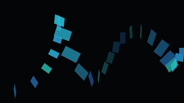 Dynamic abstract animation of blue and teal geometric rectangles moving and rotating on a dark background creating a modern digital data flow concept