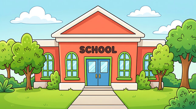 Colorful Cartoon School Building Illustration with Green Trees and Bright Sky