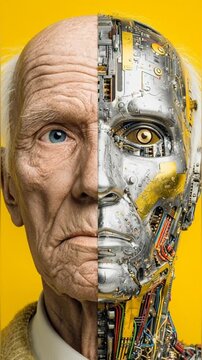 Microchip Circuit Board Integration on Humanoid Cyborg Face Vertical Stock Footage