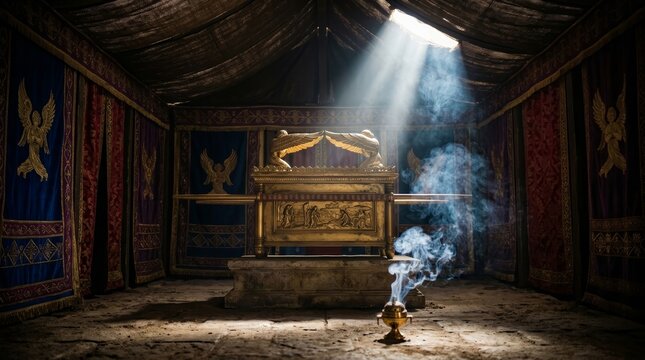 The Ark of the Covenant sits within an ancient tabernacle with incense smoke and divine light.