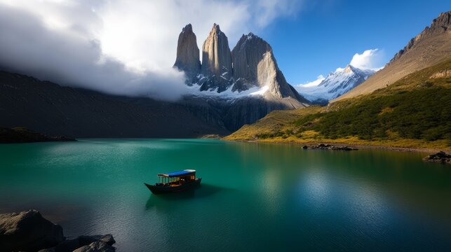 Torres del Paine Landscape: A serene turquoise lake reflects the majestic, cloud-shrouded granite peaks of Torres del Paine National Park.