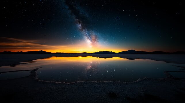 Cosmic Reflection: The Milky Way galaxy arcs across a clear night sky, its celestial glow mirrored perfectly in a calm, expansive body of water, creating a breathtaking panorama of the universe.