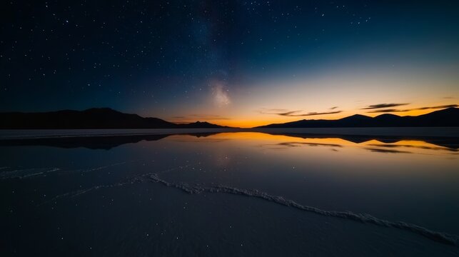 Celestial Reflection: A breathtaking night sky, dusted with stars and illuminated by the faint glow of the Milky Way, is perfectly mirrored on the still surface of a vast, salt-crusted plain.