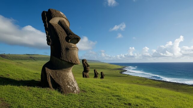 Moai on Easter Island: The iconic Moai statues stand stoically against a backdrop of rolling green hills and the vast blue ocean, under a clear sky with fluffy clouds.