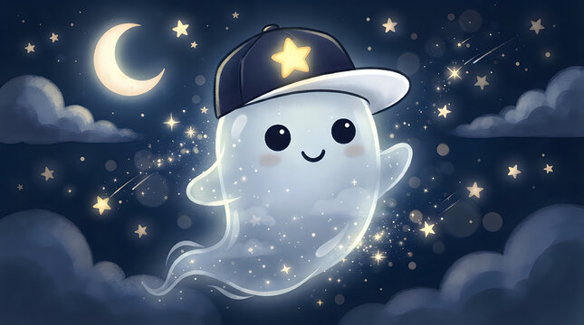 Cute ghost wearing a baseball cap floating in the night sky illustration