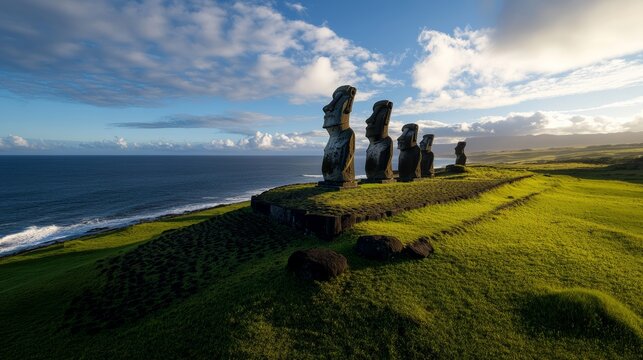 Moai Statues on Easter Island: Iconic monolithic human figures stand sentinel on a grassy cliff overlooking the vast Pacific Ocean, under a dramatic sky with soft clouds.