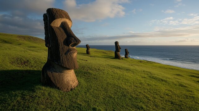 Moai Statues on Easter Island: Ancient Moai statues stand sentinel on a lush green hillside overlooking the vast blue ocean, under a serene sky at dawn.