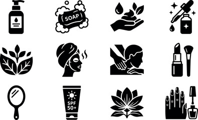 Fototapeta premium Set of black and white beauty and skincare icons for cosmetic products and personal care routines