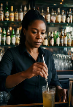 Hospitality industry and professional service, female bartender mixing a cocktail drink at a bar counter with blurred liquor bottles in the background