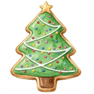 Decorated gingerbread Christmas tree cookie with white icing and colorful sprinkles vector illustration