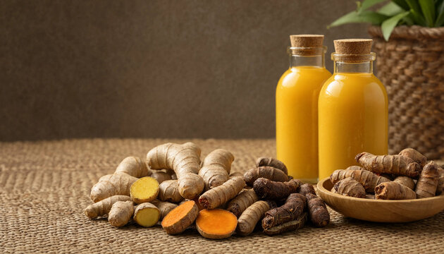 Indonesian traditional jamu herbal drink in glass bottle with fresh turmeric roots and ginger