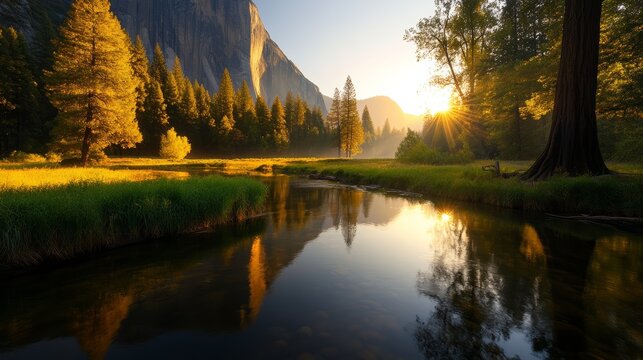 Serene Yosemite Valley Sunrise: Golden sunbeams pierce the morning mist, illuminating the tranquil Merced River as it winds through the majestic Yosemite Valley.